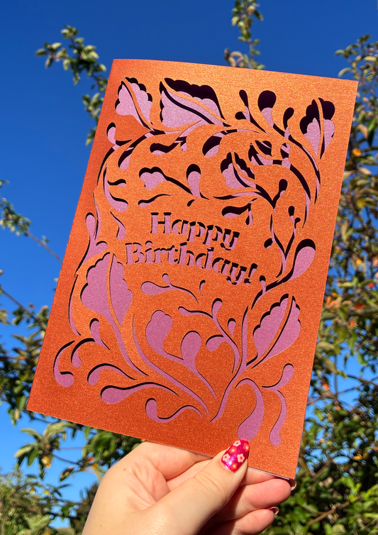 Laser-cut Birthday Card in Bronzed Mauve Leaves