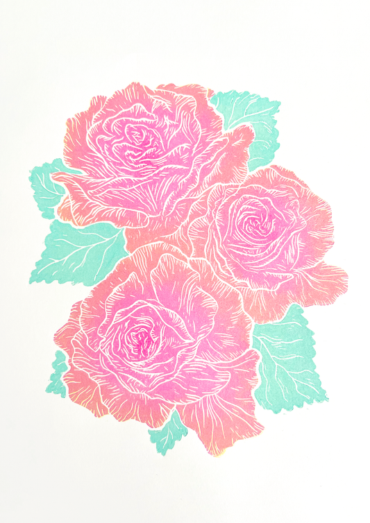 Trio of Roses Framed Lino Print