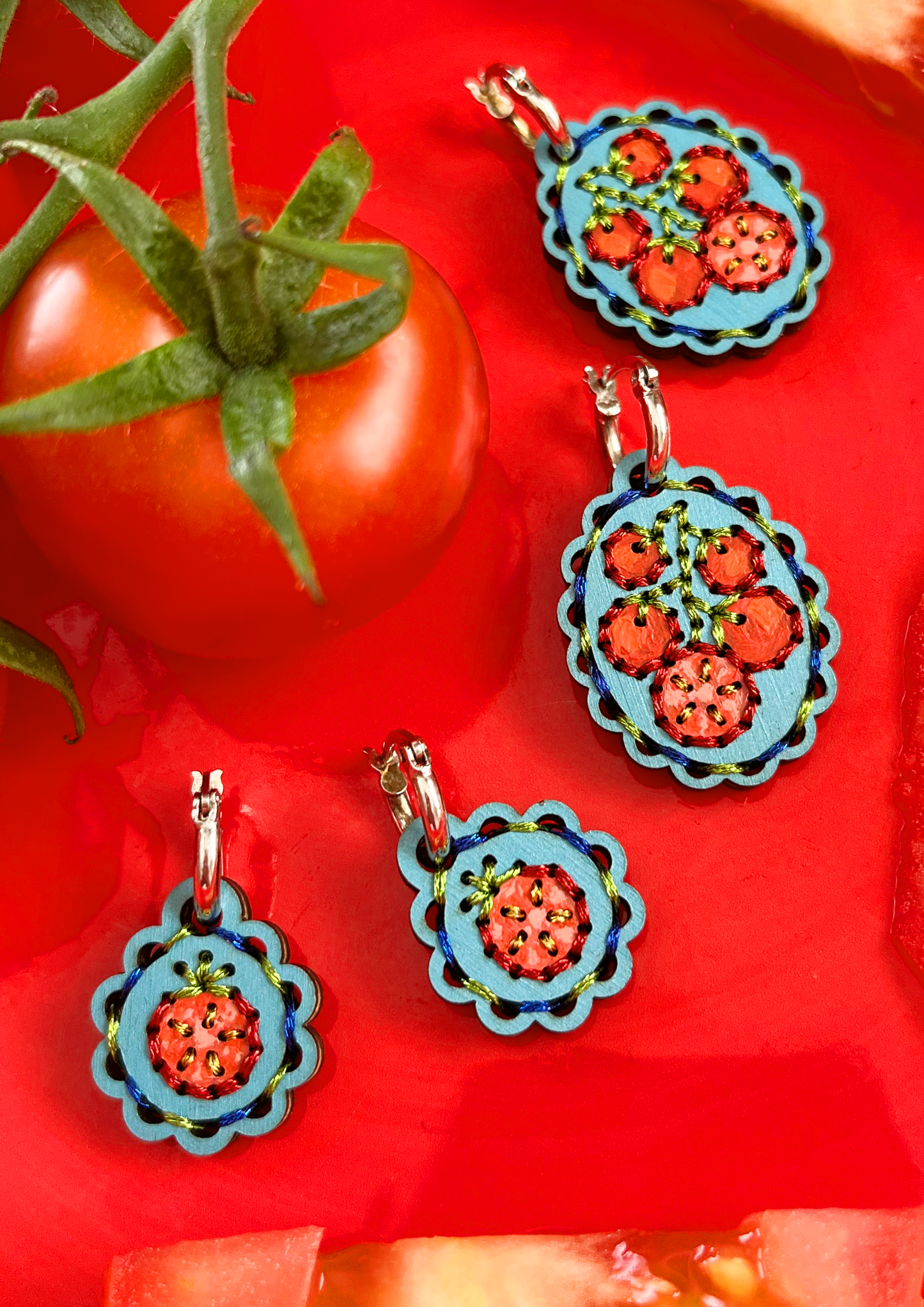Embroidered Fruity Earrings in Tomato