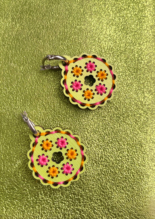 Embroidered Flower Earrings in Lime