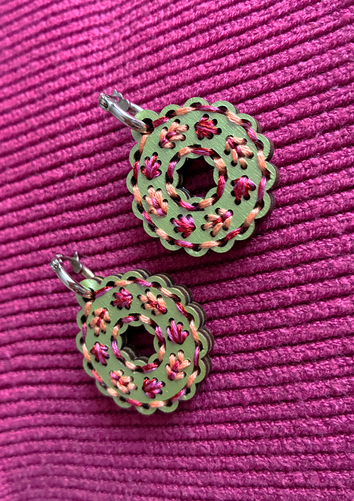 Embroidered Earrings in Cherry Leaves