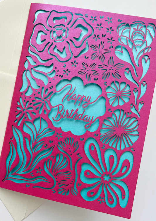 Laser-cut Birthday Card in Pink Floral