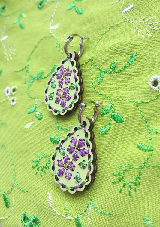Embroidered Earrings in Purple Hibiscus