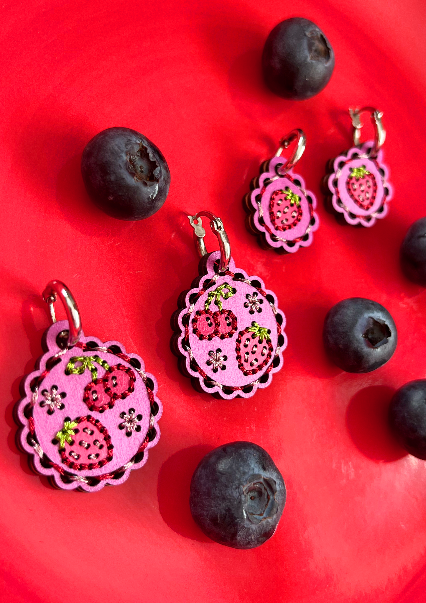 Embroidered Fruity Earrings in Berry Bloom