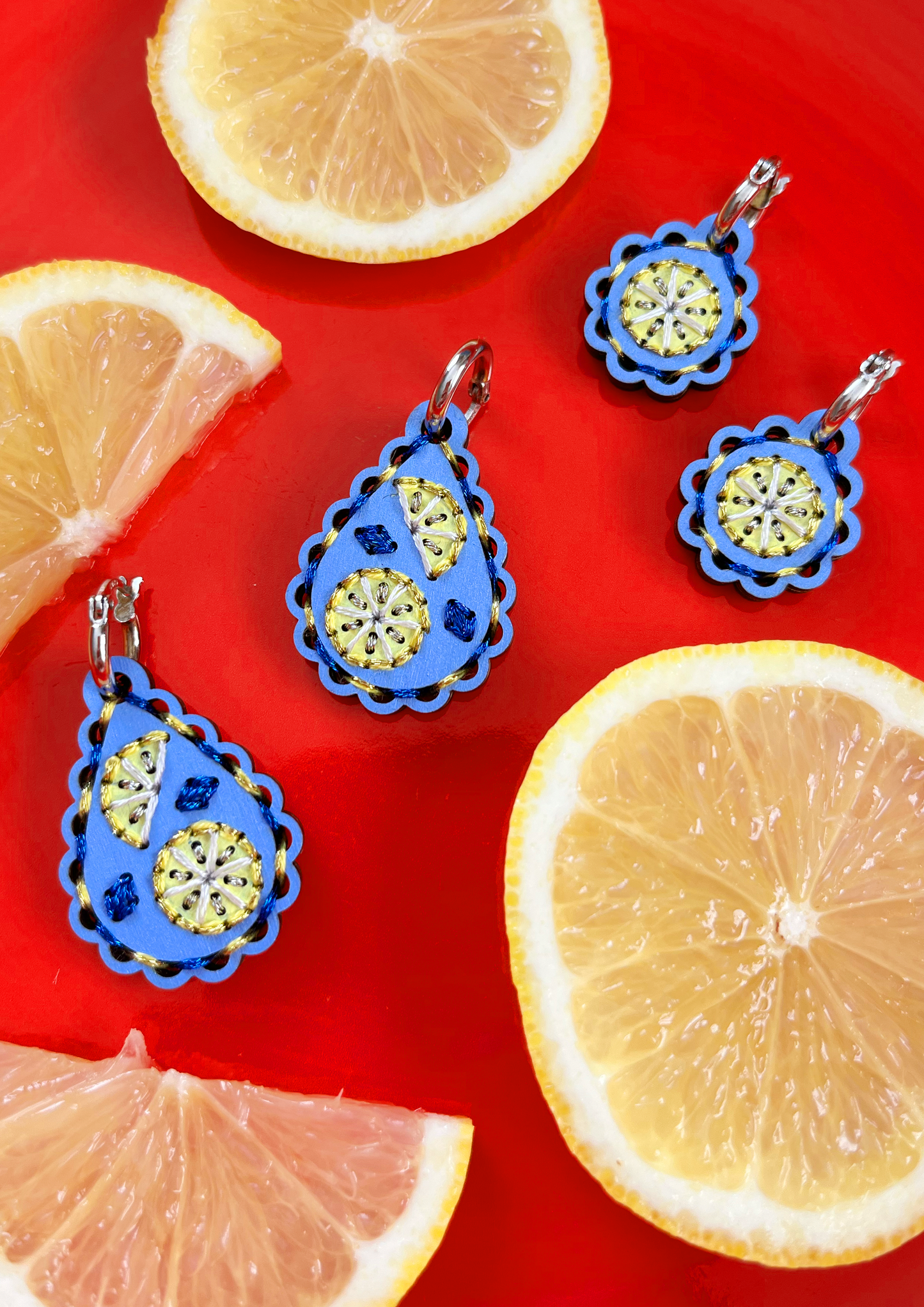 Embroidered Fruity Earrings in Lemon