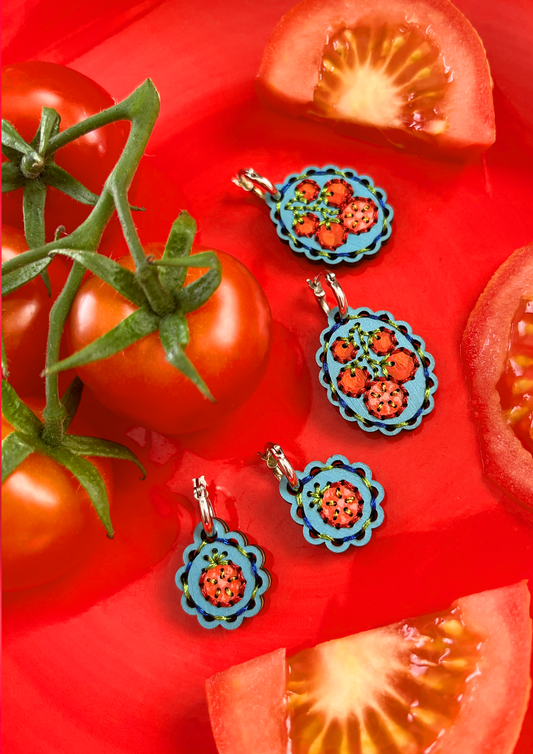 Embroidered Fruity Earrings in Tomato