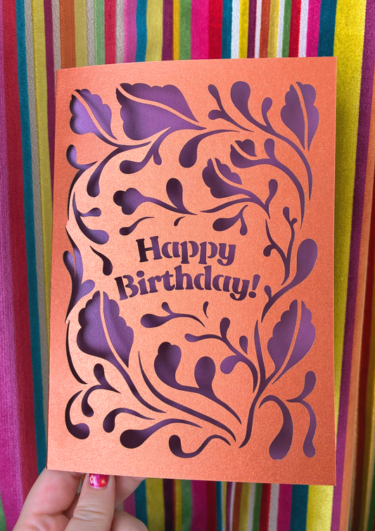 Laser-cut Birthday Card in Bronzed Mauve Leaves