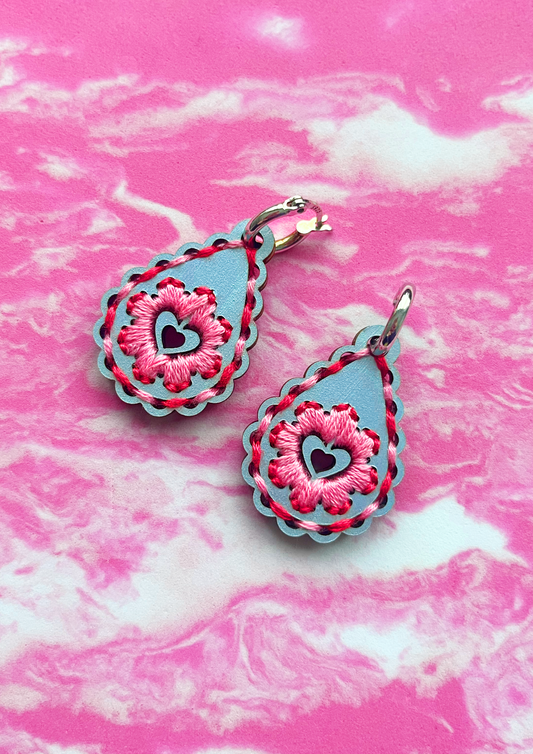 Embroidered Drop Pink Red Earrings