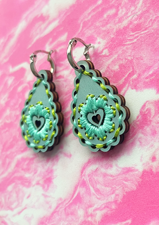 Embroidered Drop Blue Green Earrings