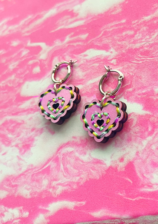 Embroidered Heart Lilac Blue Green Earrings