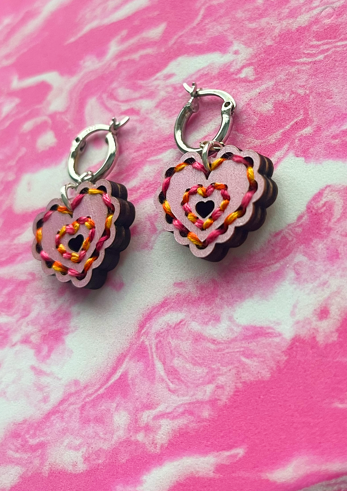 Embroidered Heart Lilac Pink Orange Earrings