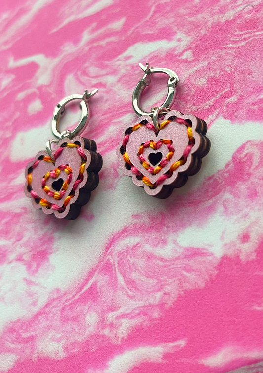 Embroidered Heart Lilac Pink Orange Earrings