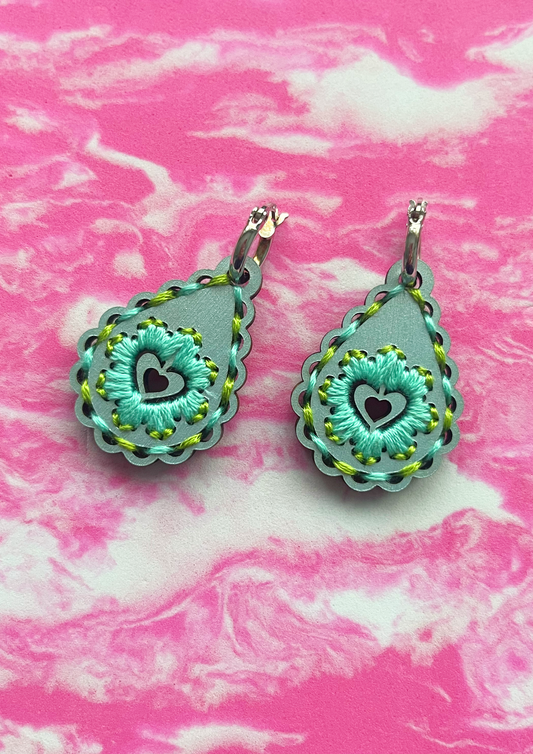 Embroidered Drop Blue Green Earrings