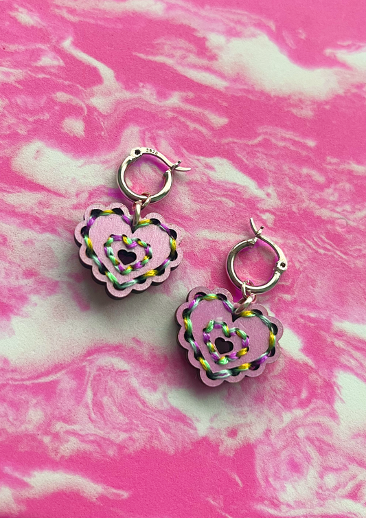 Embroidered Heart Lilac Blue Green Earrings