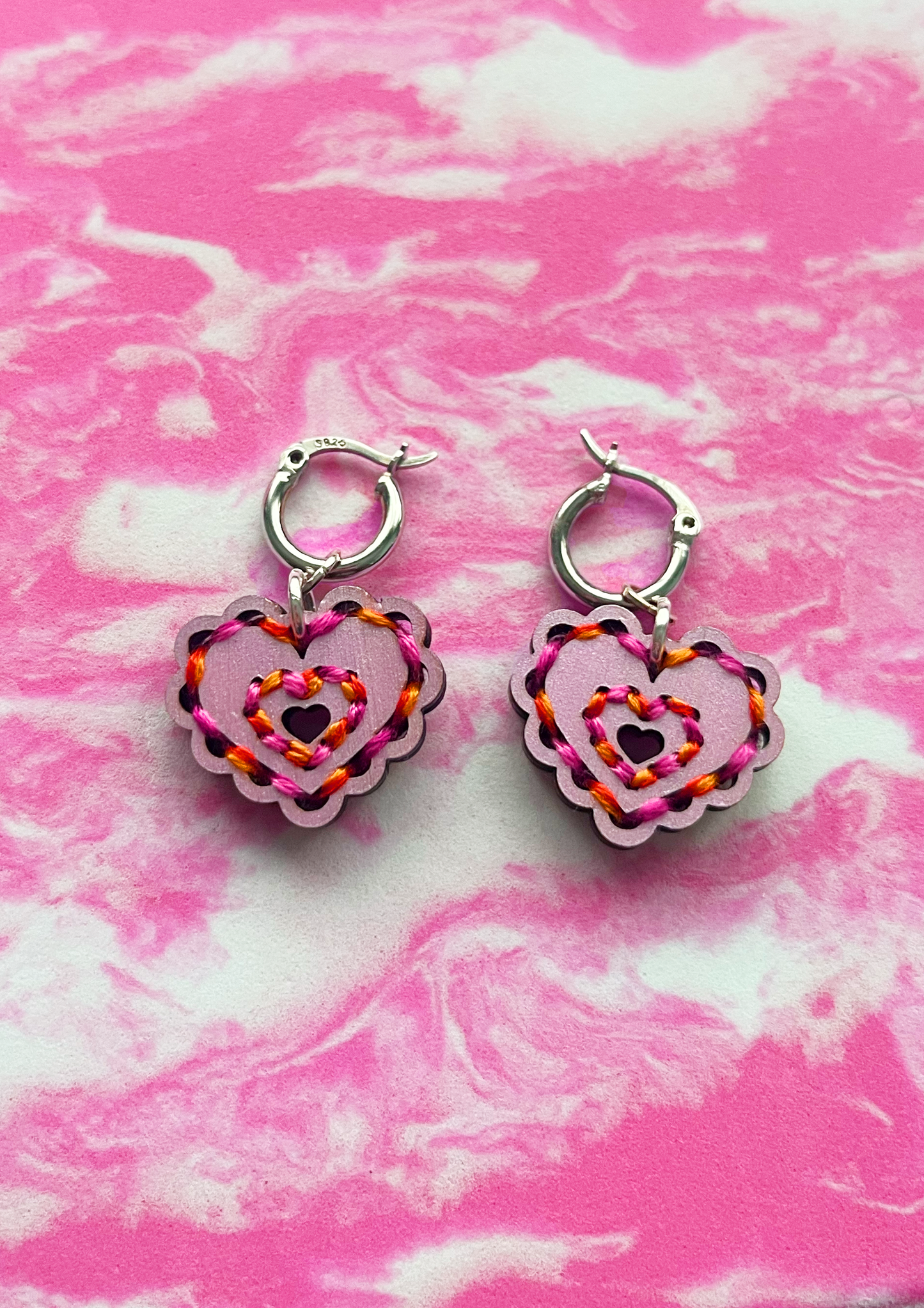 Embroidered Heart Lilac Pink Orange Earrings