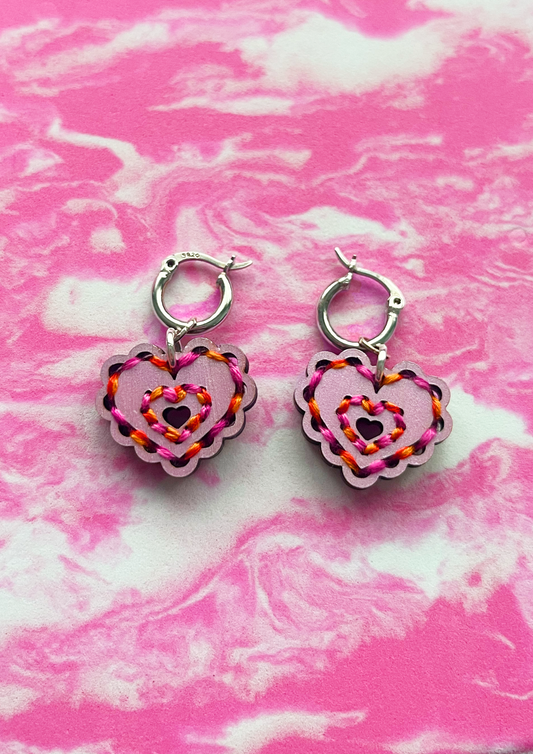 Embroidered Heart Lilac Pink Orange Earrings