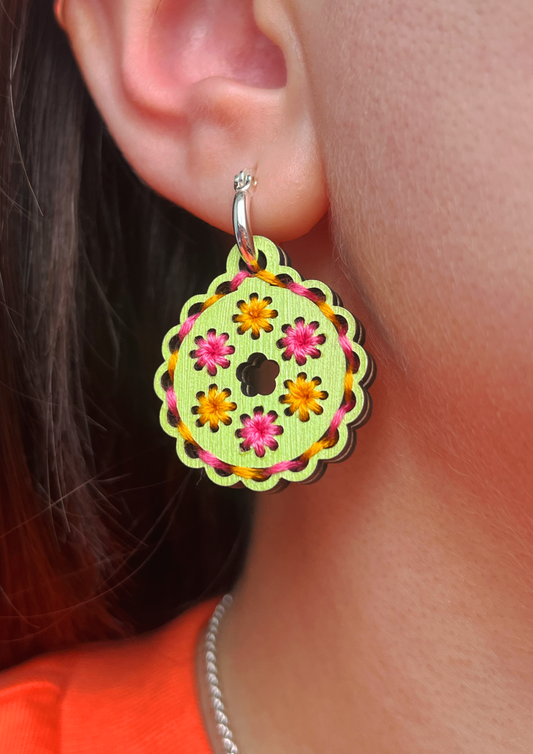 Embroidered Flower Earrings in Lime