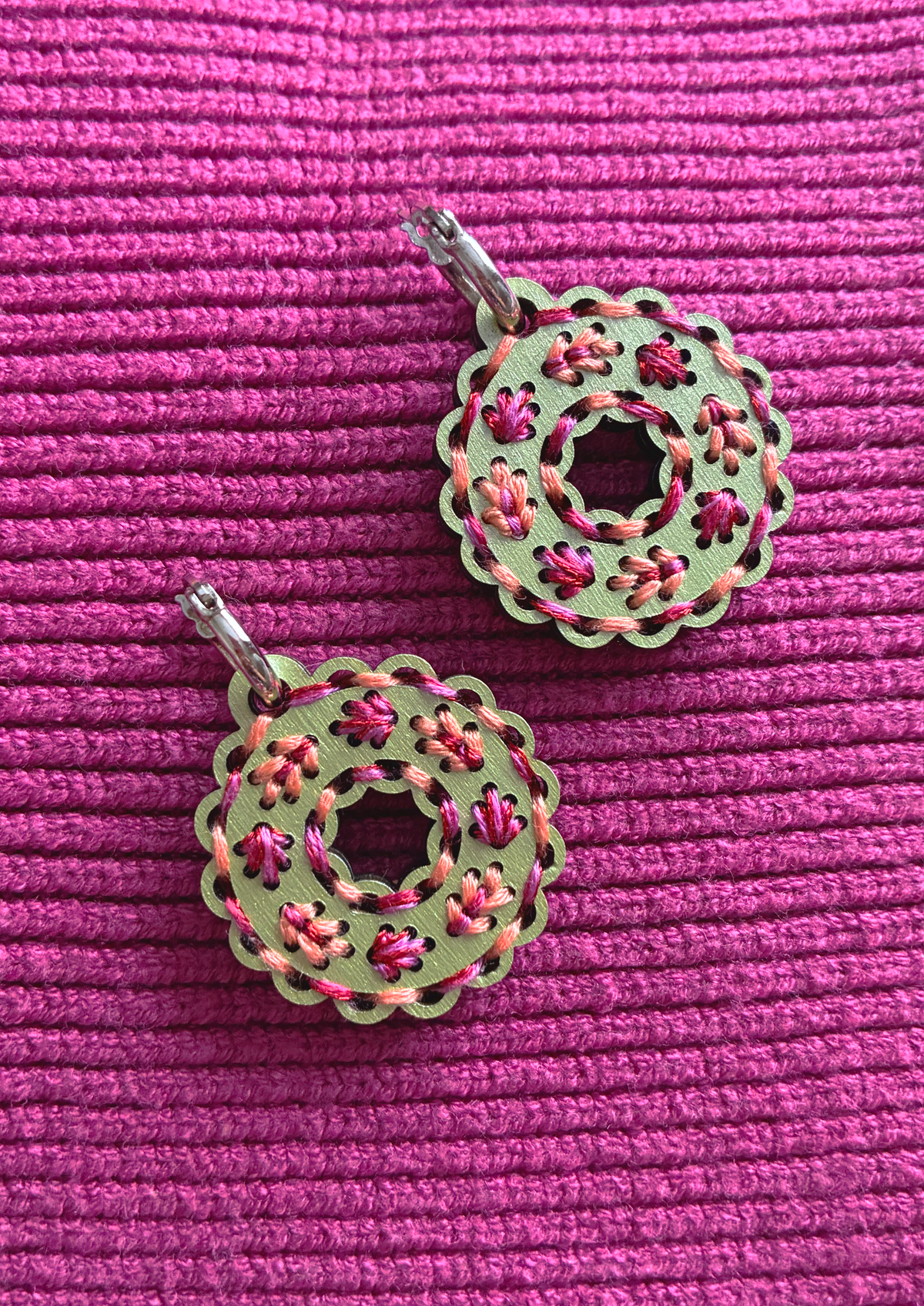 Embroidered Earrings in Cherry Leaves