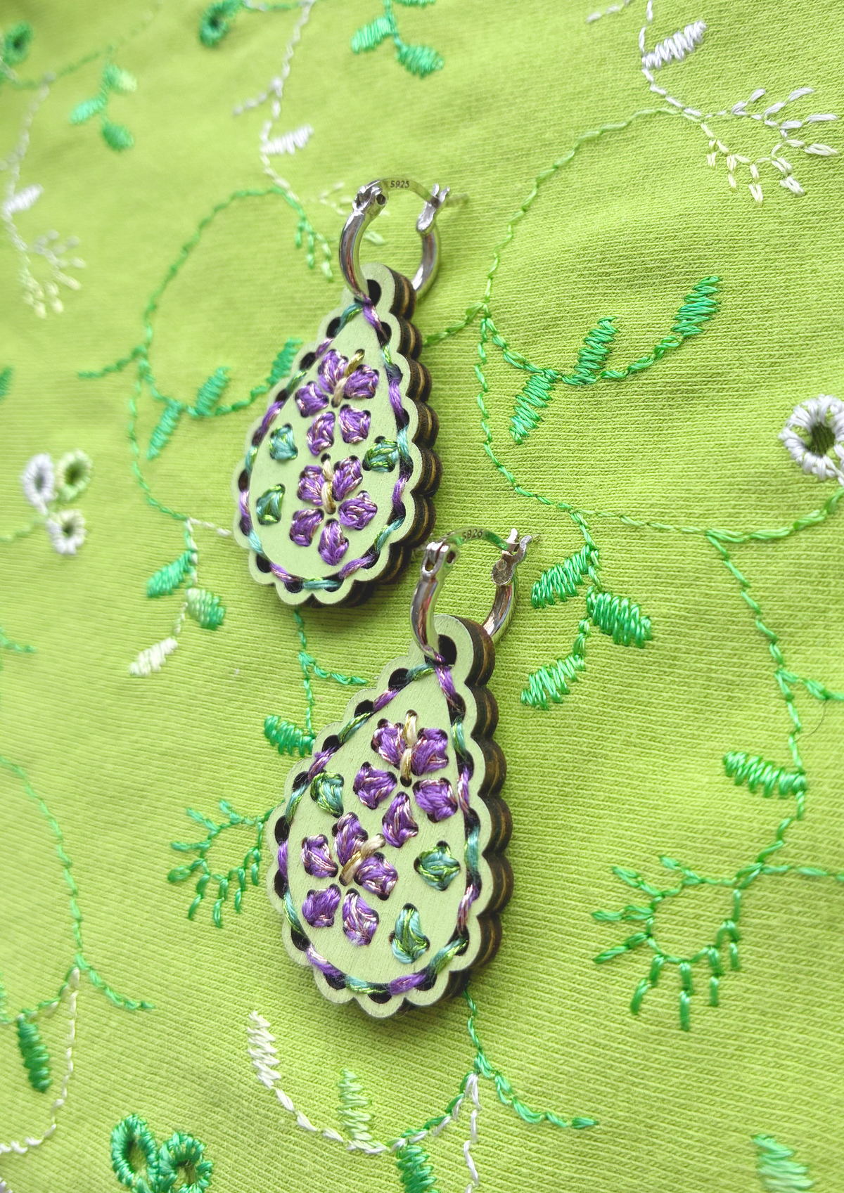Embroidered Earrings in Purple Hibiscus