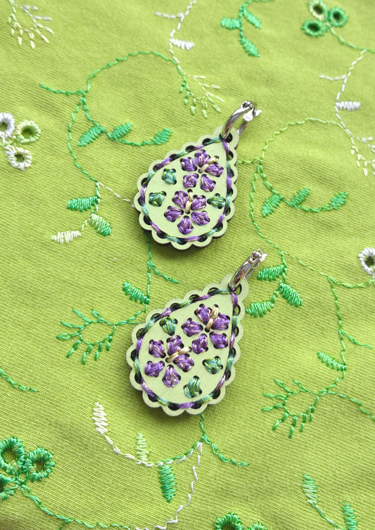 Embroidered Earrings in Purple Hibiscus